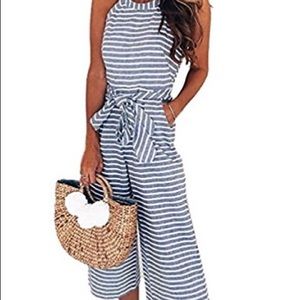 Blue stripped wide leg belted jumpsuit